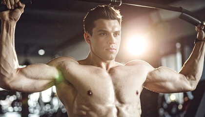 Young man in modern gym performing lat pulldown exercise for back muscles, showcasing strength, athletic body, and fitness dedication