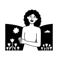 Black and white vector illustration of a beautiful woman holding a flower, minimal clean line art style