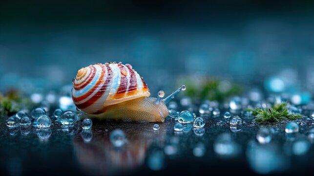 Close Up Snail Crawling on Dark Wet Surface with Water Droplets and Moss in Cinematic HDR