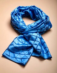 A vibrant blue silk scarf, patterned with a diamond-shaped design