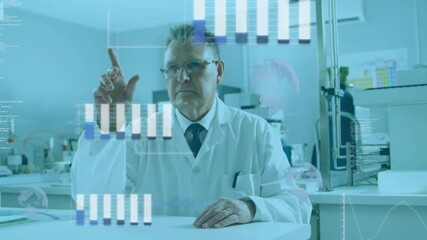 Senior scientist lifting finger calling up translucent graphs and globe tapping adjusting lab data - Powered by Adobe