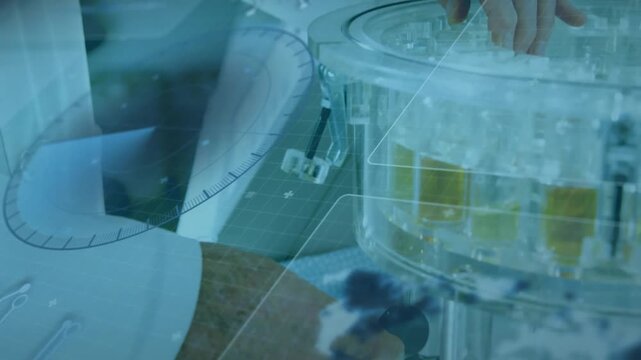Placing hand on lid, scientist in lab rotating it lifting test tube with overlays mapping angles