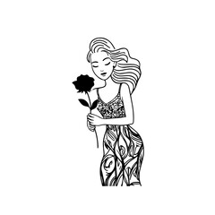 Black and white vector illustration of a beautiful woman holding a flower, minimal clean line art style