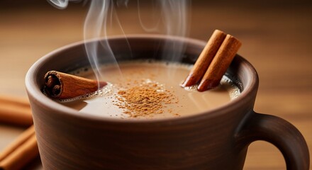 Warme kaneelthee dampende in aardewerken mok zacht licht. AI Generated