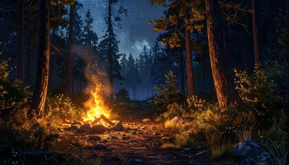 Fototapeta premium Campfire burning under stars