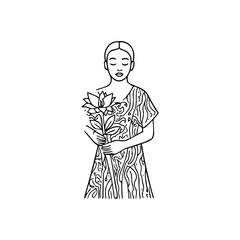 Black and white vector illustration of a beautiful woman holding a flower, minimal clean line art style