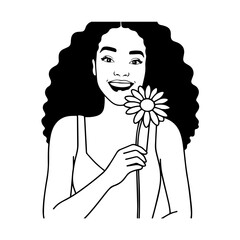 Black and white vector illustration of a beautiful woman holding a flower, minimal clean line art style