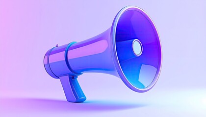 A vibrant purple megaphone, digitally rendered, angled left against a soft purple-pink gradient background