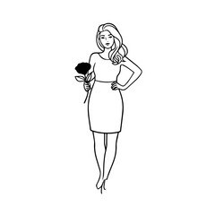 Black and white vector illustration of a beautiful woman holding a flower, minimal clean line art style