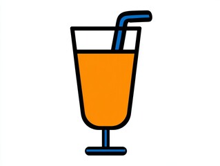 A stylized illustration of a glass filled with orange-colored liquid and a blue straw, depicted in a simple and modern graphic design style.