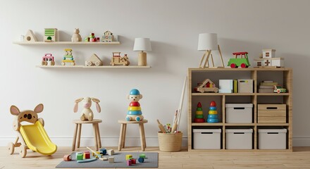 A childs room features wooden toys shelves stools  a storage unit creating a cozy playful space