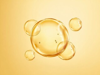 A close-up view of translucent golden liquid bubbles floating against a warm yellow background, showcasing their reflective surfaces and delicate forms.