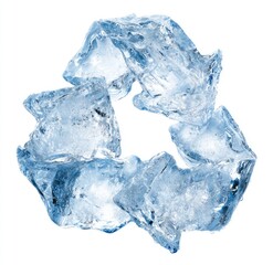 Fototapeta premium Ice cubes forming a recycle symbol. A circular pattern of translucent ice cubes, arranged to resemble a recycle symbol. Clear, cool, and pure