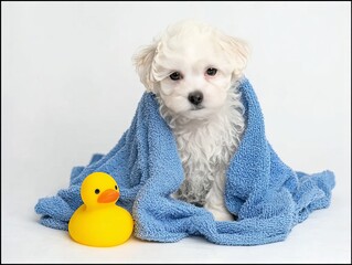A fluffy white puppy wrapped in a blue towel sits beside a bright yellow rubber duck against a clean white background.