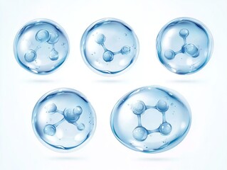 Six translucent blue water droplets, each containing a distinct molecular structure, set against a clean white background.
