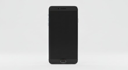 A black smartphone is centrally positioned against a plain white backdrop