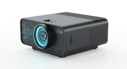 A black projector with glowing blue lens and circuitry details on a white background