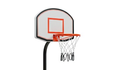A basketball hoop with a white backboard orange rim  blackwhite net stands against a plain white backdrop