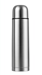 Stainless steel thermos bottle,  smooth, reflective surface, isolated on white