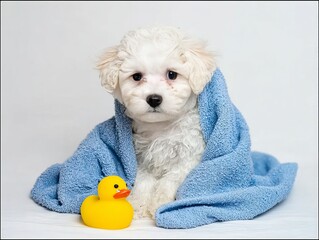 Adorable white puppy wrapped in a blue towel, sitting beside a yellow rubber duck against a plain white background.