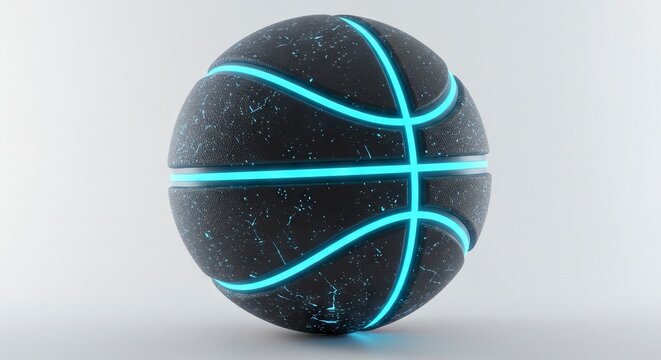 A black basketball with glowing blue lines is centered on a light gray background