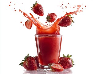 Fresh strawberry juice splashes dynamically from a glass, surrounded by ripe strawberries against a clean white background.