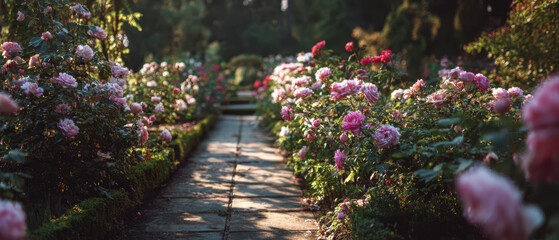 Stunning floral pathway in a serene garden captured in golden hour light peaceful environment
