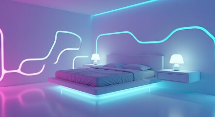A futuristic bedroom with a bed two nightstands with lamps and neon lighting on the walls and under the bed