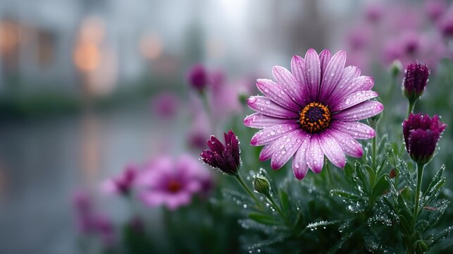 Close Up Purple Flower with Water Droplets in Garden Setting with Bokeh Background Macro Photography in Cinematic HDR
