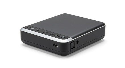 A gray and black rectangular electronic device with buttons on top a USB port and a light sensor