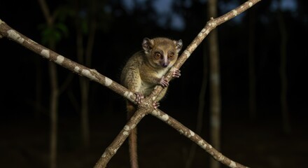 Obraz premium Small lemur on tree branches at night
