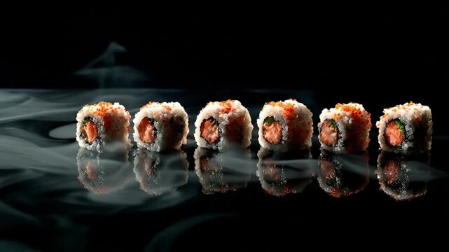 Six sushi rolls with salmon  roe toppings are lined up on a glossy black surface with wisps of smoke