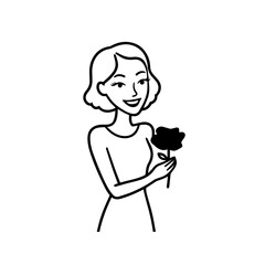 Black and white vector illustration of a beautiful woman holding a flower, minimal clean line art style
