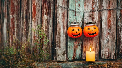 Two pumpkin lanterns and a candle hang on a weathered wooden wall.
