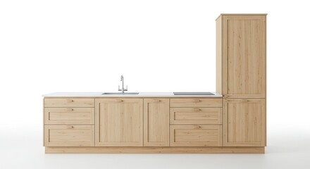 A kitchen unit with wood cabinets white countertop sink and tall storage cabinet