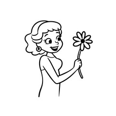 Black and white vector illustration of a beautiful woman holding a flower, minimal clean line art style