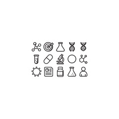 Black and white outline vector icons for biotechnology and drug development � molecular structure, drug target, DNA strand, chemical flask, test tube, and clinical trial report in minimal style