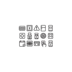 Black and white outline pharmacy vector icons for storage and safety � pill organizer, locked cabinet, warning label, refrigerator storage, childproof cap, and barcode scan in minimal style