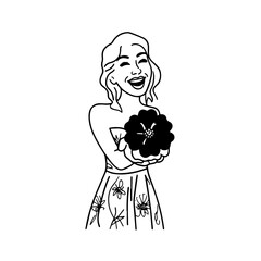 Black and white vector illustration of a beautiful woman holding a flower, minimal clean line art style