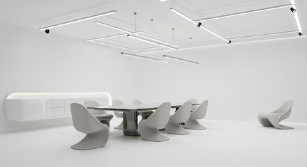 A minimalist allwhite modern room with a conference table and chairs brightened by LED lighting and a wall cabinet