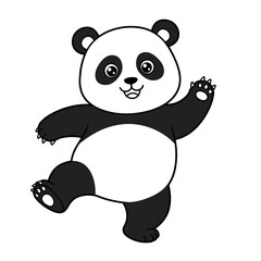 A cheerful cartoon panda stands on one leg with a big smile, waving energetically. Its wide eyes and visible teeth add a lively, friendly vibe—perfect for children's content or festive designs.