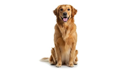Fototapeta premium A golden retriever sits facing forward with its mouth open against a white backdrop