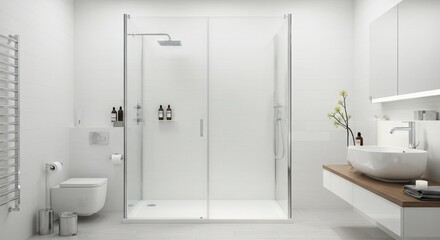 A modern bathroom with a walkin shower toilet sink and various accessories
