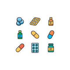 Playful cartoon vector icons with bold outlines for over-the-counter medicine � cough syrup, pain relief tablets, nasal spray, throat lozenges, topical cream, and vitamin jar