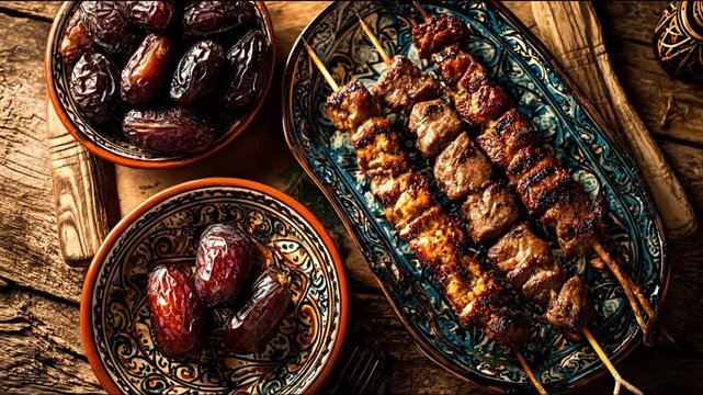 Skewered meat and dates served in ornate bowls Displayed on a rustic wooden surface