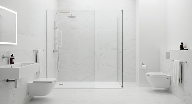 A modern bathroom with white marblelike tile featuring a shower sink and toilet Minimalist design - Powered by Adobe
