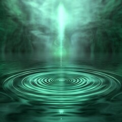 A tranquil scene of water ripples with a luminous green light beam piercing through the water, creating a serene atmosphere