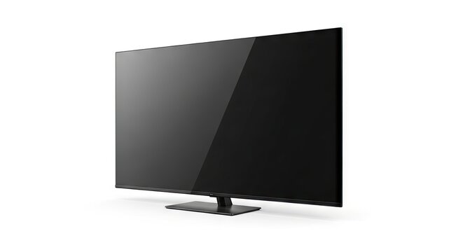 A modern flatscreen TV is displayed on a minimalist stand against a plain white backdrop