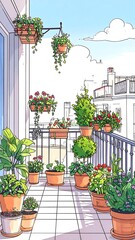 Balcony garden scene with flowers and plants