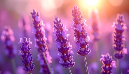 A close-up captures vibrant lavender blooms bathed in warm sunlight, showcasing delicate purple petals and green stems against a soft, blurred backdrop